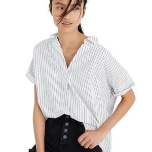 Madewell White Black Stripe Play Short Sleeve Courier Button Back Shirt Size XXS